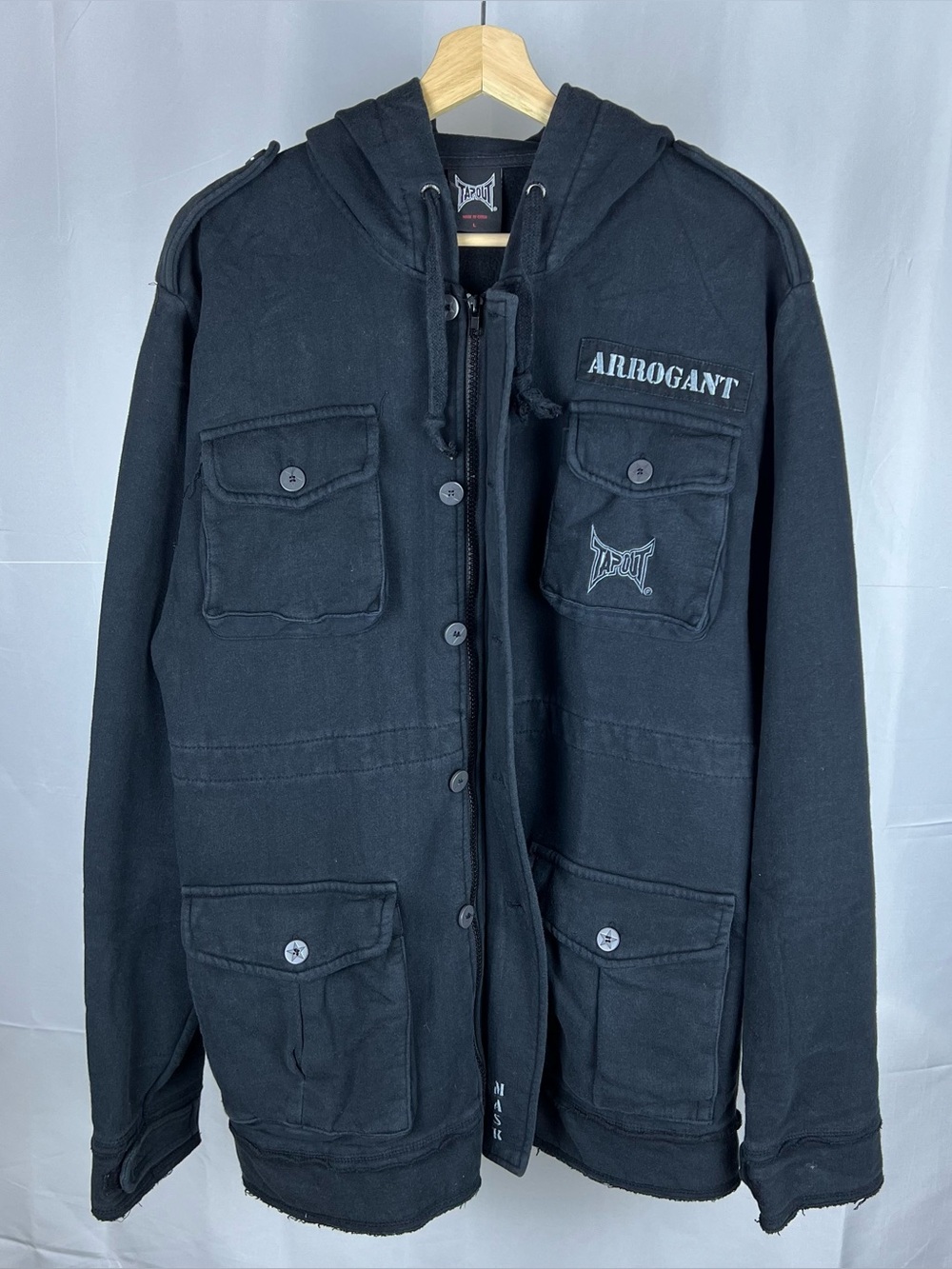 Vintage TAPOUT Arrogant Hoodie Large MMA UFC Biker Cyber Grunge Y2K